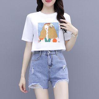 Set : Short-sleeve Printed T-shirt + Distressed High-waist Shorts