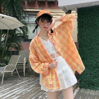 Long-sleeve Plaid Shirt Jacket Tangerine - One Size