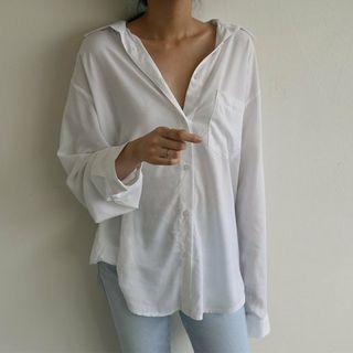 Drop-shoulder Pocket-front Plain Shirt