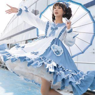 Bow Hair Clip / Long-sleeve Ruffle A-line Dress / Short-sleeve A-line Dress / Headband / Set