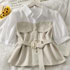 Patchwork Pearl-button Crop Shirt With Belt