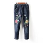 Flower Embroidered Cropped Harem Jeans
