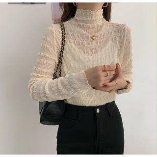 Mock-turtleneck Long-sleeve Shirred Blouse Beige - One Size
