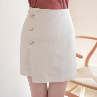 Buttoned Tweed Wrap Miniskirt