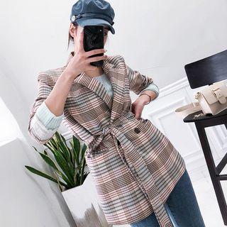 Double-breasted Sashed Plaid Blazer