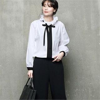 Frill-neck Contrast-trim Blouse