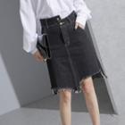 Fray-edge Asymmetric Denim Skirt