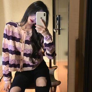 Round Neck Striped Cardigan Purple - One Size