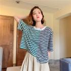 Color Block Striped Short-sleeve Irregular T-shirt As Shown In Figure - One Size