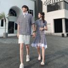 Couple Matching Elbow-sleeve Striped Polo Shirt / Mermaid Dress / Shorts