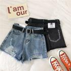 Lettering Embroidered Distressed Frayed High-waist Denim Shorts With Belt
