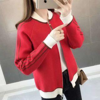 Long-sleeve Cropped Striped Knit Sweater Jacket