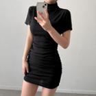 Mock-neck Short-sleeve Shirred Knit Dress