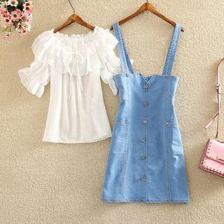 Set: Ruffle Trim Elbow-sleeve Top + Denim Jumper Dress