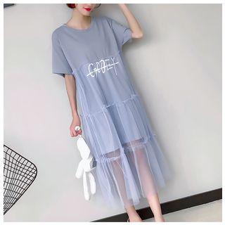 Short-sleeve Mesh Overlay T-shirt Dress