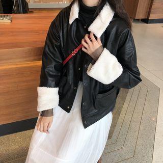Fleece Collar Single-breasted Faux Leather Jacket Jacket - Black - One Size