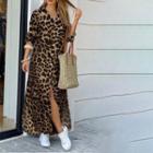 Long-sleeve Leopard Maxi Shirt Dress