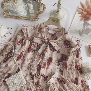 Floral Long-sleeve Tie-neck Blouse Floral - One Size