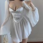 Wide-sleeve Mesh Panel Mini Dress