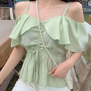 V-neck Short-sleeve Drawstring Top Light Green - One Size