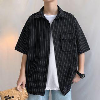 Pinstriped Short-sleeve Flap-pocket Shirt
