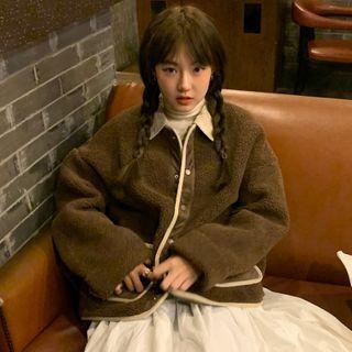 Color-block Collared Fleece Cropped Coat
