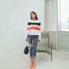 Color-block Knit-panel Peplum Blouse Ivory - One Size