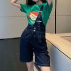 Short-sleeve Cartoon Print T-shirt / Single-strap Denim Jumper Shorts / Set