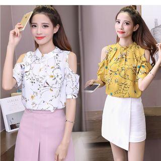 Cold Shoulder Floral Print Short-sleeve Chiffon Blouse