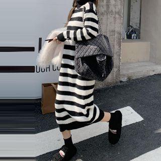 Long-sleeve Striped Knit Midi Shift Dress