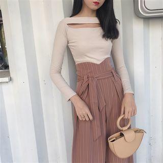 Cut Out Long-sleeve T-shirt / Striped High-waist Wide Leg Pants