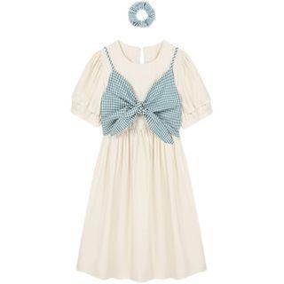 Set: Short-sleeve Midi A-line Dress + Plaid Camisole Top + Scrunchie Set Of 3 - Dress & Camisole & Scrunchie - Off-white - One Size