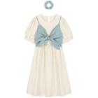 Set: Short-sleeve Midi A-line Dress + Plaid Camisole Top + Scrunchie Set Of 3 - Dress & Camisole & Scrunchie - Off-white - One Size