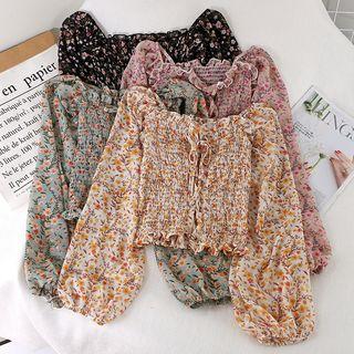 Floral Print Smocked Cropped Chiffon Blouse