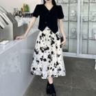 Short-sleeve Button-up T-shirt / Floral Midi A-line Skirt