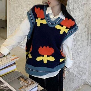 Flower Print Knit Vest Flower Print - Purple & Blue - One Size