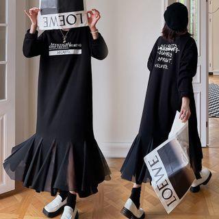 Lettering Mesh Panel Midi Sweatshirt Dress