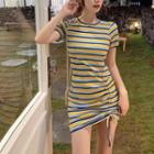 Short-sleeve Striped Drawstring Mini Sheath Dress