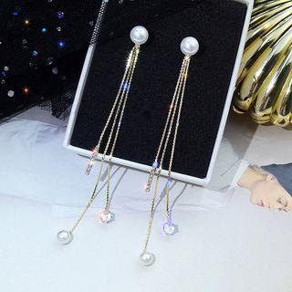 Faux Pearl Rhinestone Fringed Earring 1 Pair - Crystal Pearl Tassel - Gold - One Size