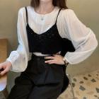 Plain Retro Long-sleeve Shirt / Crochet-knit Camisole