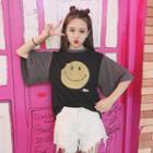 Lace-up Back Smiley Print Elbow-sleeve T-shirt