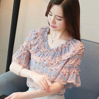 Flower Elbow-sleeve Chiffon T-shirt