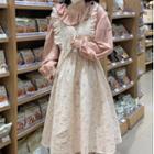 Long-sleeve Mock Two-piece Floral Printed Ruffle Trim Dress Dress - One Size
