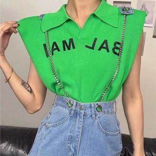Cap-sleeve Lettering Polo Knit Top