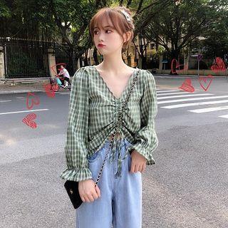 V-neck Plaid Drawstring Blouse