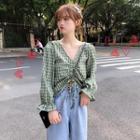 V-neck Plaid Drawstring Blouse