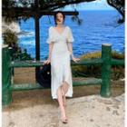 Short-sleeve V-neck Ruffle Hem Midi Dress