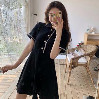Contrast Trim Short-sleeve A-line Dress Black - One Size