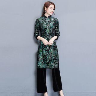 Set: 3/4-sleeve Cheongsam + Wide-leg Pants