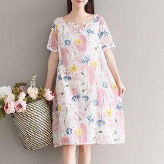 Split-neck Short Sleeve Floral Midi Dress